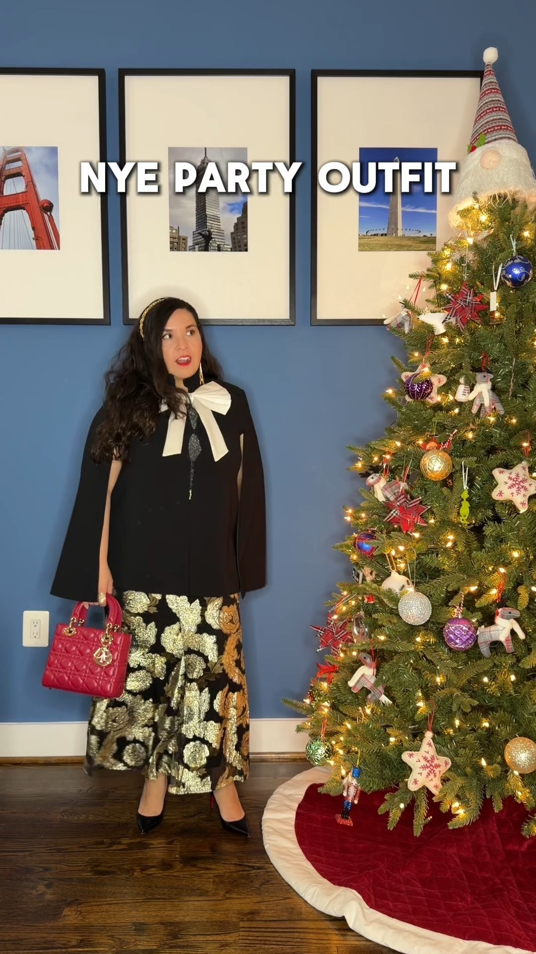 This look is all about the skirt.
The Farm Rio skirt from Anthropologie is the standout piece here, the gold brocade-style details against the black fabric make it feel instantly festive and elevated, without trying too hard.
I love the silhouette of this one, it moves beautifully and feels very polished. I’m wearing size L, and for me it’s one of those pieces that does all the work for you.
I styled it with a Reformation top and my Alice & Olivia cape (older, but I’m linking similar options), keeping the focus on the skirt and those gold accents. Perfect for a New Year’s Eve party when you want something elegant, statement-making, and timeless.

#LTKPetite #LTKSeasonal #LTKHoliday