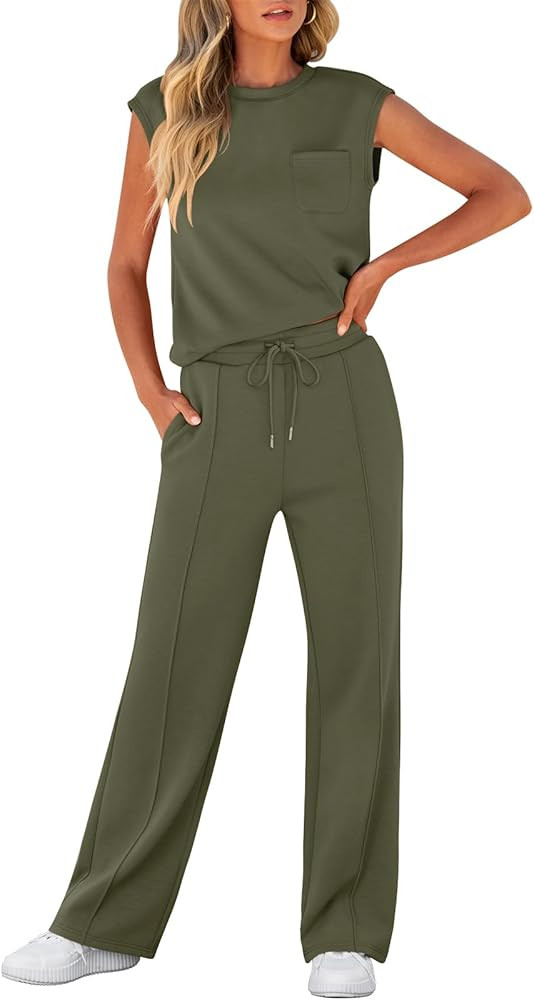 ANRABESS Women's Summer 2 Piece Outfits Casual Sleeveless Sweatsuits Matching Wide Leg Tracksuits... | Amazon (US)