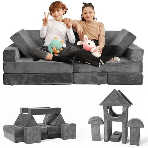 Contour Comfort Kids Couch 14 PC Modular Kids Play Couch Set – Convertible Sofa with Soft Foam Sofa Cushions | Fort Kid Play Room Furniture, Grey | Amazon (US)