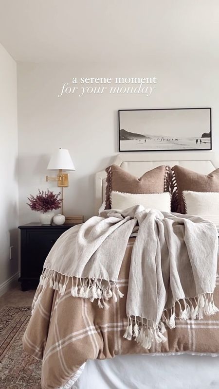 A cozy and serene bedroom moment for your monday. Fall bedroom, cozy bedroom, linen bedding, tassel throw blanket, purple berry bush, faux berries, brown pillows, fall throw pillows

#LTKSeasonal #LTKhome #LTKstyletip