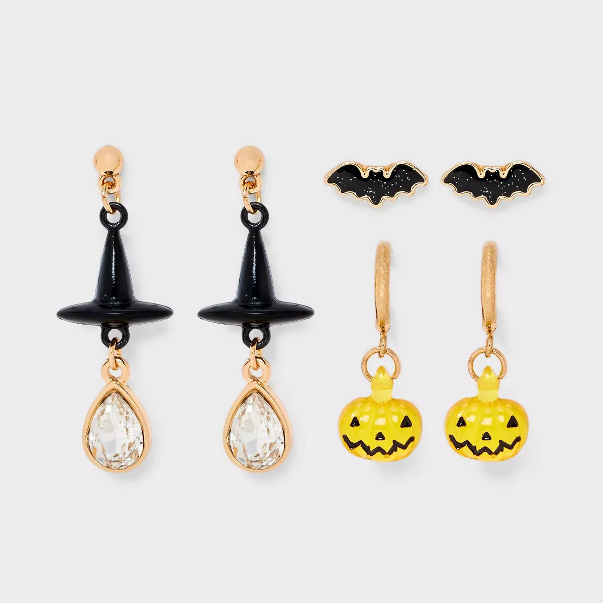 Halloween Bat Pumpkin and Witch Hat Stud and Hoop Earring Set 3pc - Black/Orange | Target