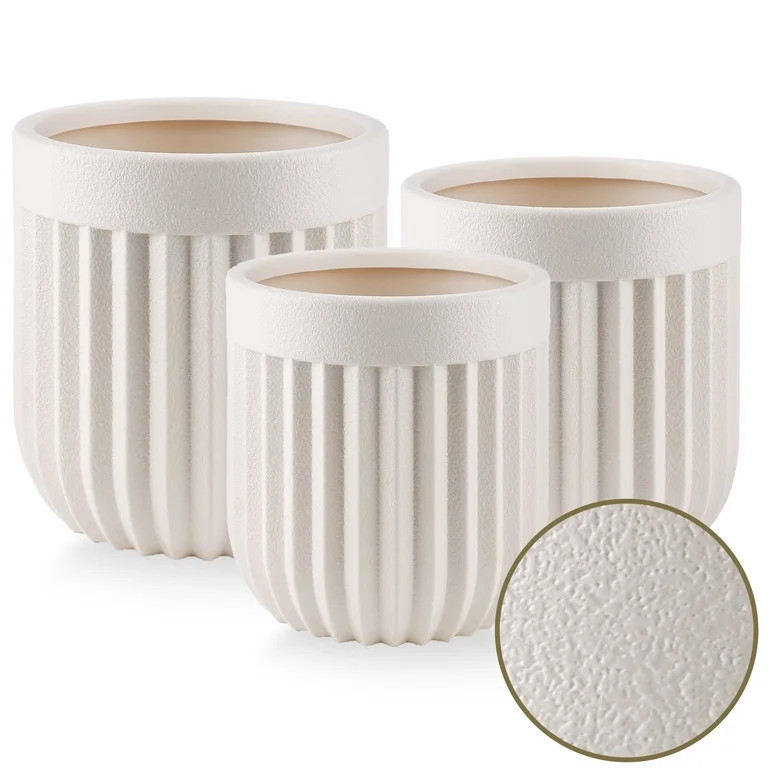 FOUKUS Large Concrete-Like Plastic Planter Set: 3-Piece Tall Fluted Round Lightweight Planters fo... | Walmart (US)