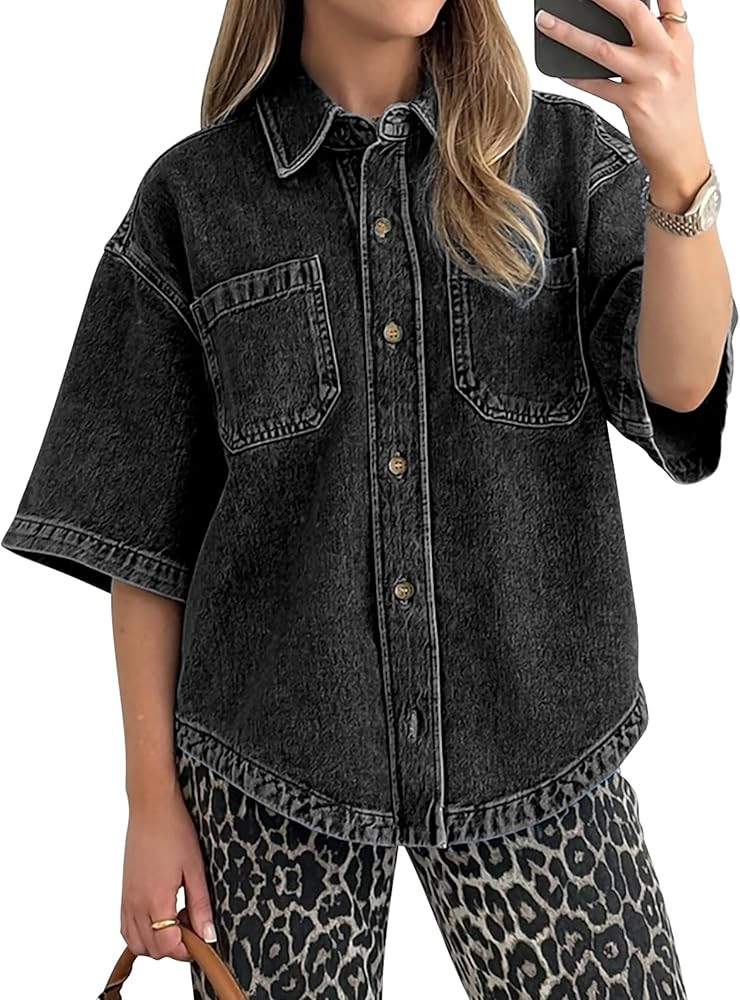 POTILI Women's Denim Shirt, Button Down Short Sleeve Jean Shirts Casual Top Outfits Trendy | Amazon (US)