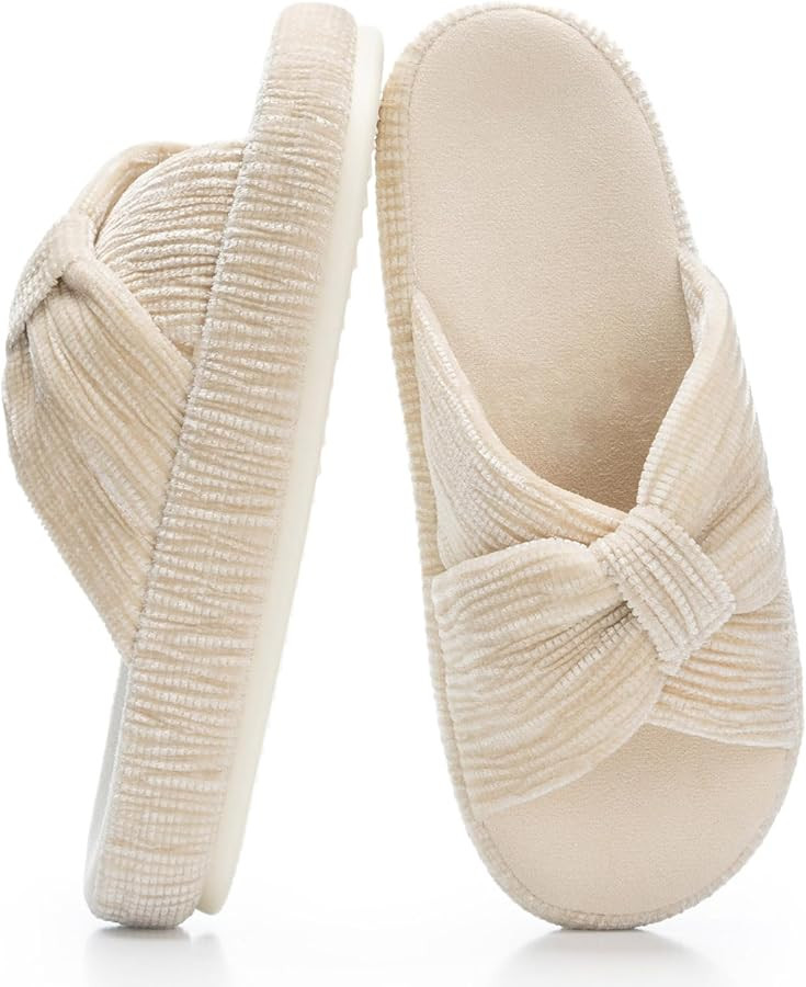Chantomoo Slippers for Women Memory Foam House Bedroom Corduroy Bow Crossbands Slipper Shoes Comf... | Amazon (US)