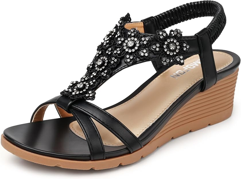 TEMOFON Women's Low Wedge Heels Summer Dressy Platform Sandals Elastic Ankle Strap Open Toe Flowe... | Amazon (US)