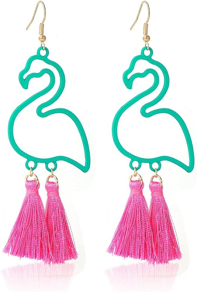 Tassel Pink Flamingo Dangle Earrings Retro Exaggerated Hollow Cute Animal Bird Drop Earrings Boho... | Amazon (US)