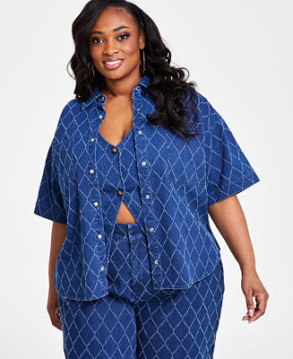 Plus Size Diamond-Texture Denim Shirt | Macy's