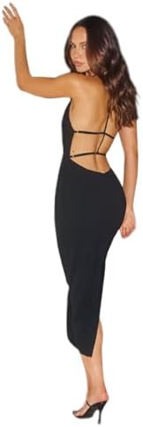 Just Quella Women's Halter Neck Elastic Strapping Low Back Pencil Midi Dress with Large Centre Ba... | Amazon (US)