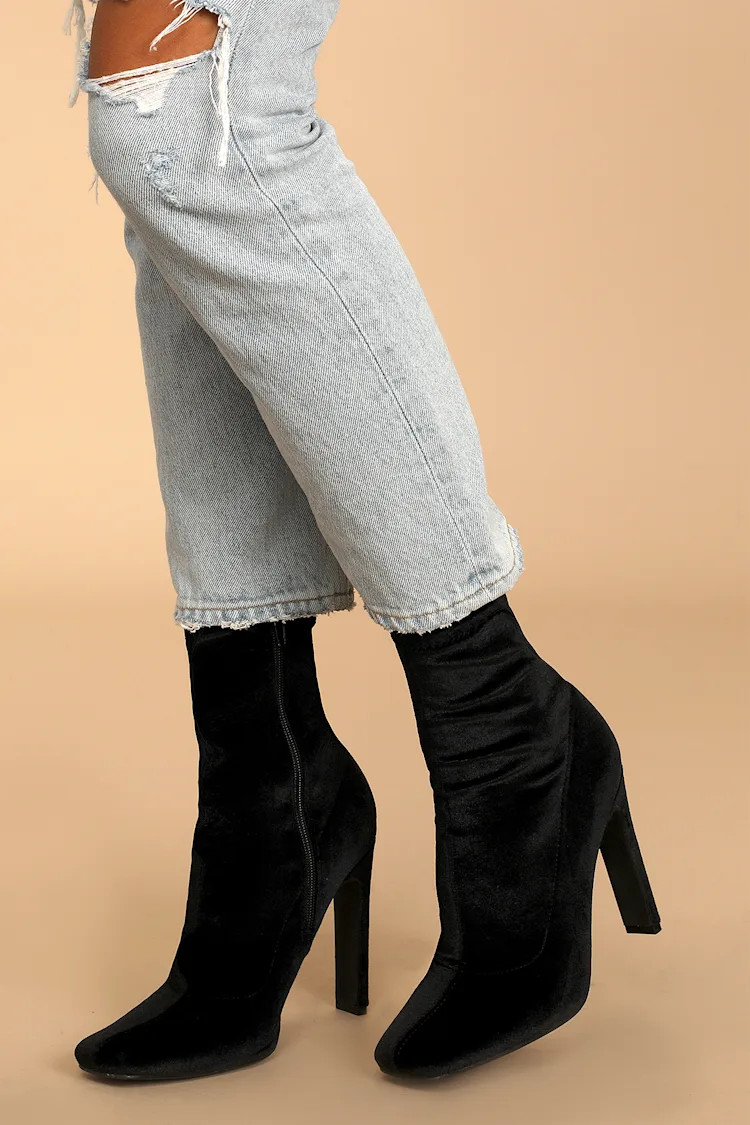 Loriah Black Velvet Square Toe Mid-Calf Boots | Lulus