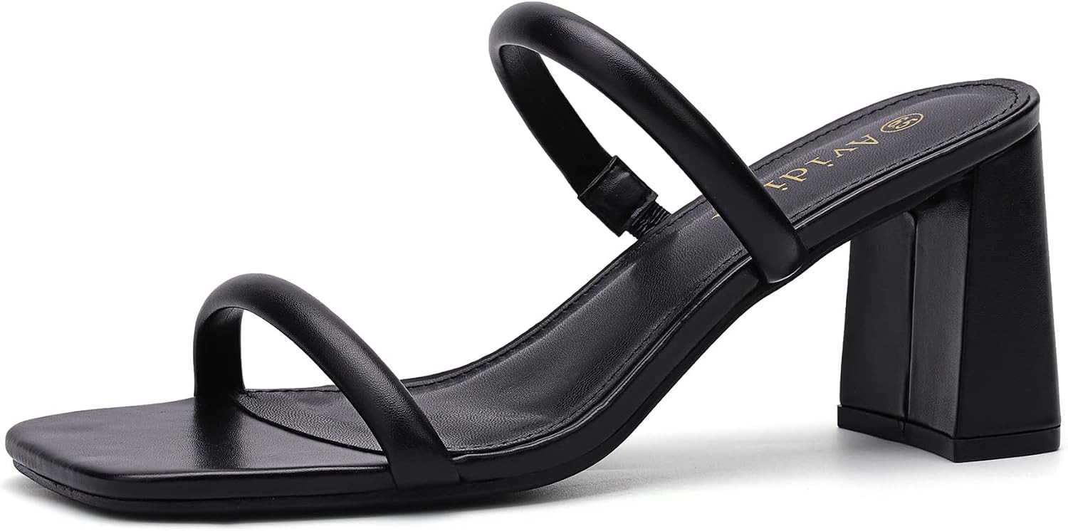 Avidirk Women's Square Open Toe Heeled Sandals Two Strap Mules Slip On Block Chunky Mid Heels Sandals | Amazon (US)