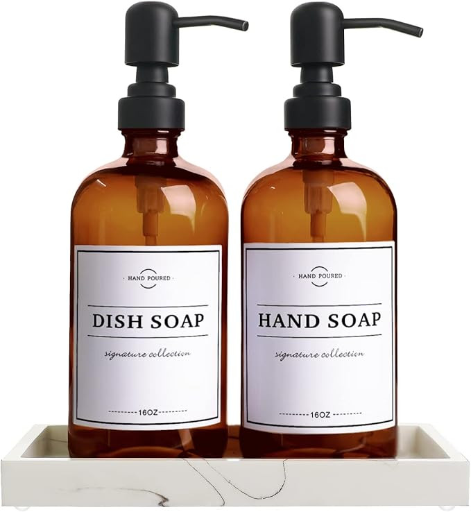 Amazon.com: Amber Glass Soap Dispenser with Pump and Tray - Hand Dish Soap Dispenser Bottles for ... | Amazon (US)