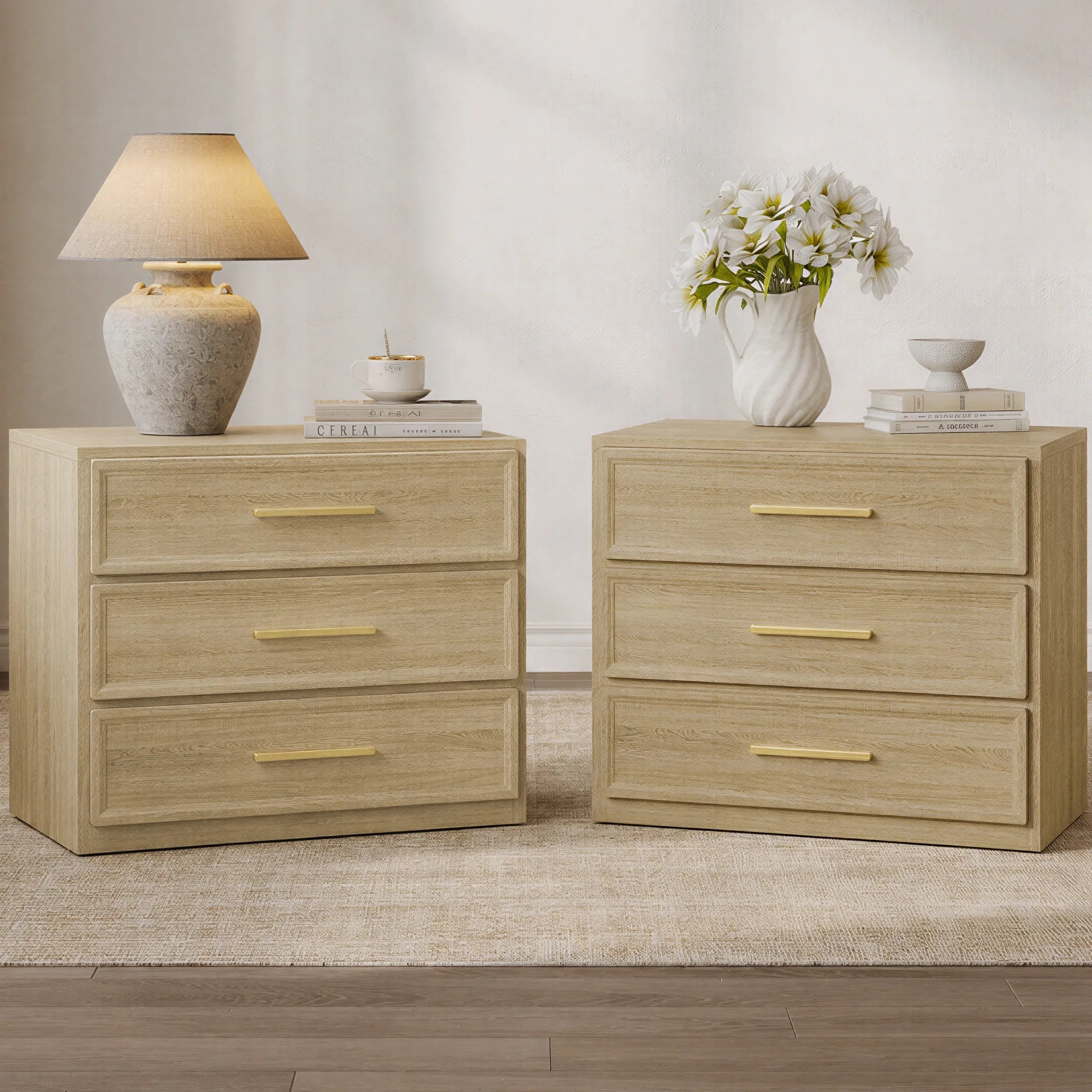 SICOTAS 31.3" W 3-Drawer Nightstand Set of 2 with Oversized Large Storage , Modern Night Stands Bedside Table with Adjustable Feet & Gold Handles for Bedroom Living Room Entryway, Light Oak | Walmart (US)