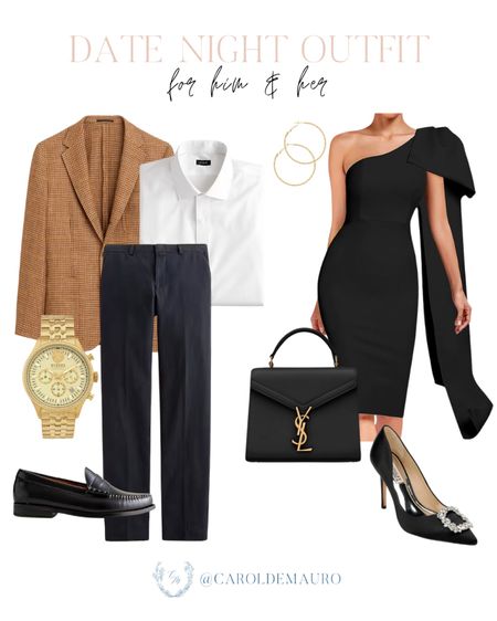 Here's a date night outfit that you can copy for you and your partner: one-shoulder black midi dress, elegant heels, designer purse, brown coat, white button-down polo, and more!
#coupleoutfit #menfashion #petitestyle #dinnerdate

#LTKitbag #LTKshoecrush #LTKstyletip