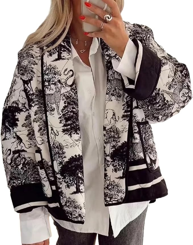 Women's Floral Print Puffer Jacket Cardigan Casual Long Sleeves Quilted Bomber Jacket Outwear for... | Amazon (US)