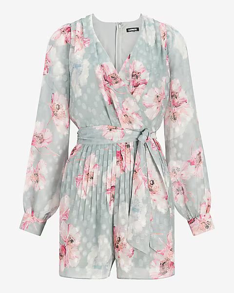 Floral Long Sleeve Pleated Wrap Front Romper | Express