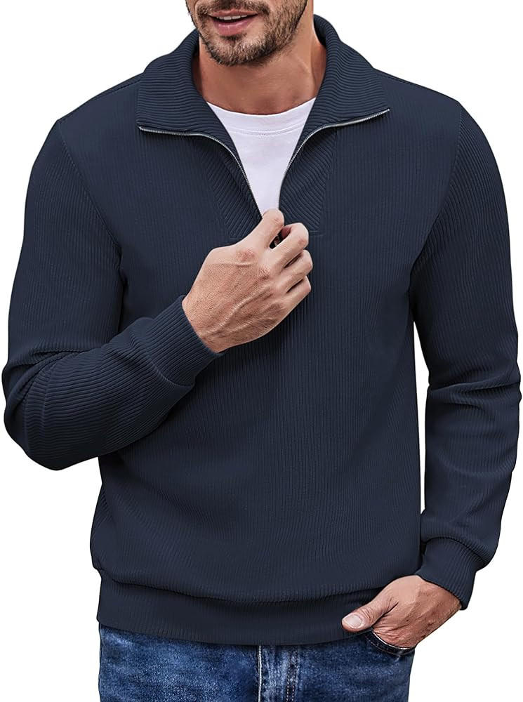 COOFANDY Men's Quarter Zip Up Pullover Slim Fit Mock Neck Long Sleeve Sweaters Casual Corduroy Po... | Amazon (US)
