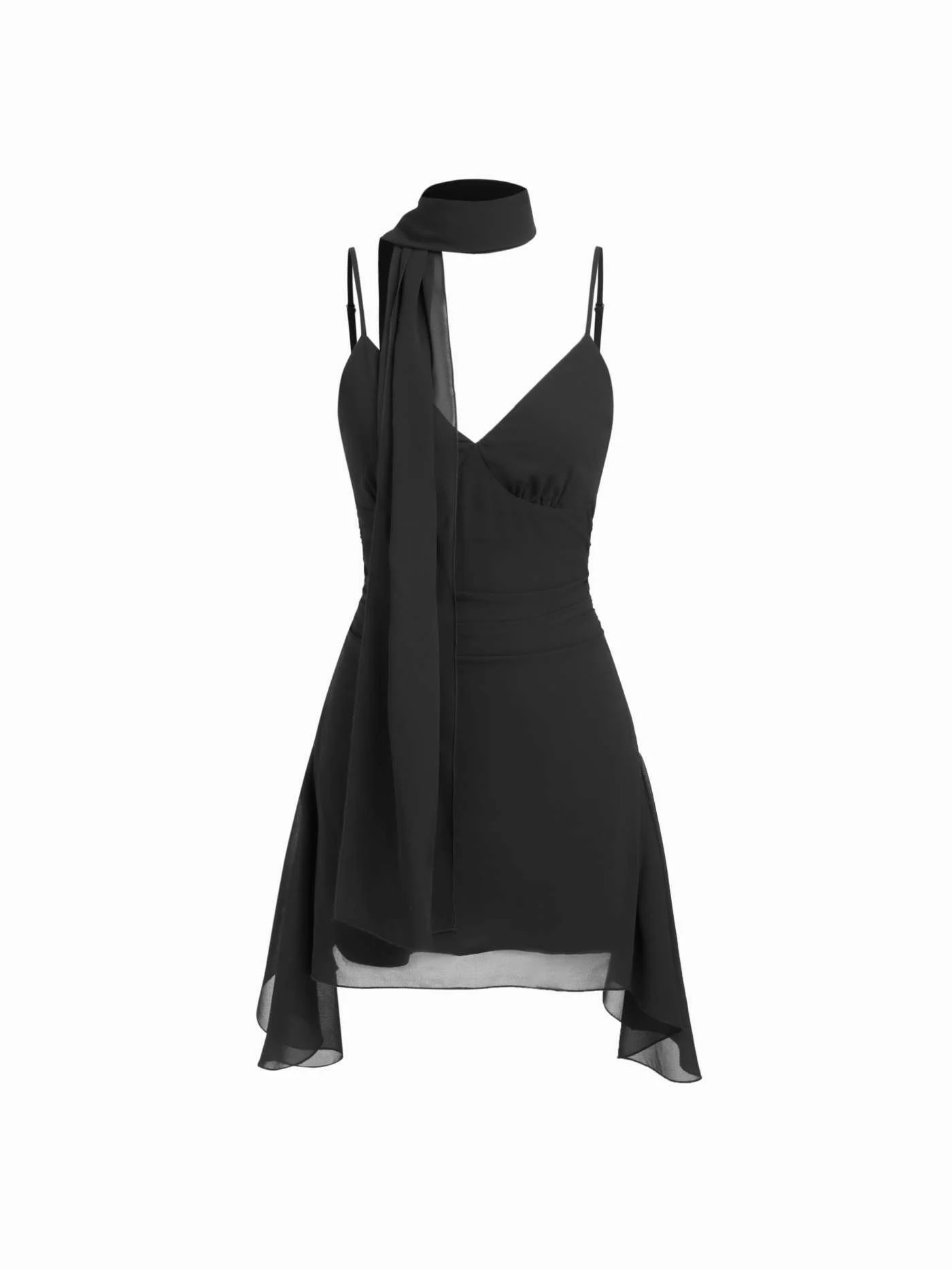 CHIFFON V-NECK A-LINE MINI DRESS WITH SCARF | Cider