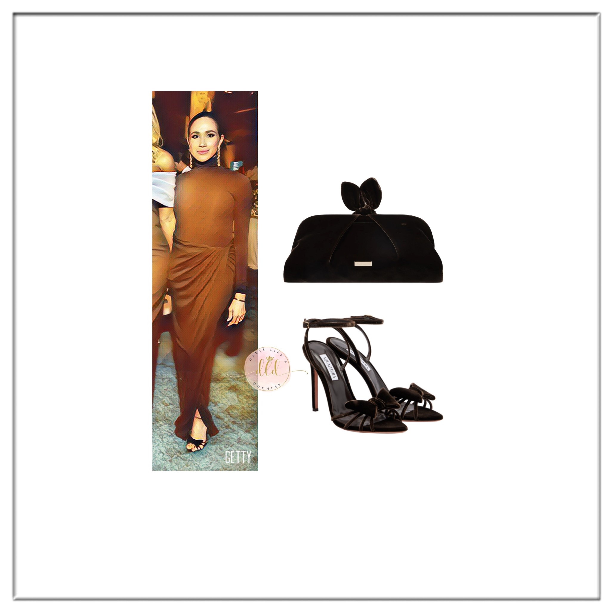 11/9/25 Meghan Markle at the Baby2Baby Gala wearing custom Balenciaga and Aquazzura accessories in espresso velvet + Aquazzura love link earrings 