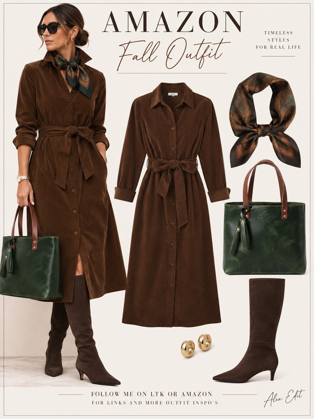 A little color can make all the difference. 🤎
This chocolate brown corduroy shirtdress is such an effortless piece for fall workdays. The belted waist gives it shape, while the suede knee-high boots and patterned silk scarf bring in that classic, polished feel.
l
But it’s the deep forest green leather tote that really pulls this look together. An unexpected touch of color that complements the rich browns beautifully without overpowering the outfit.

Perfect for the office, lunch meetings, or wherever the day takes you.