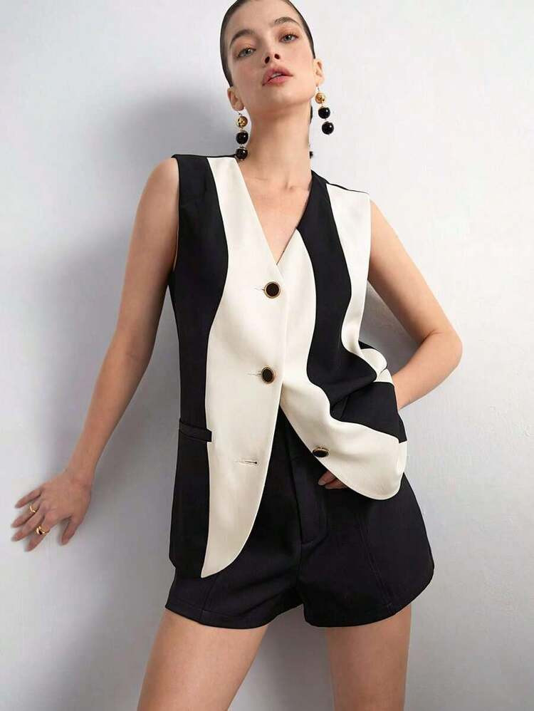 Maija Women's Two-Tone Color-Blocking No Collar V-Neck Button Vest Work Jacket In Fall/Winter | SHEIN