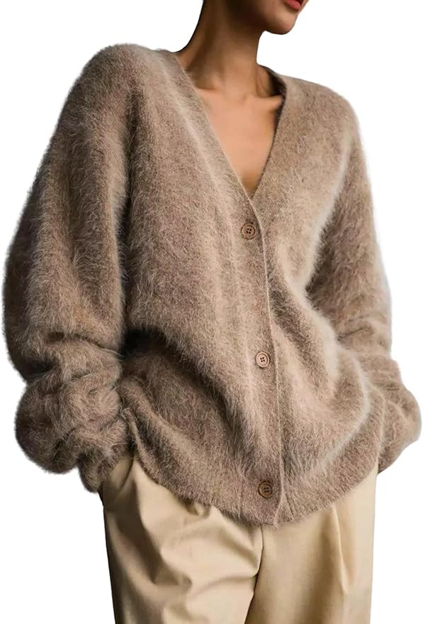 Women Mohair Cardigan Open Front Long Sleeve Knit Sweater Coat Button Down V-Neck Oversized Knitw... | Amazon (US)