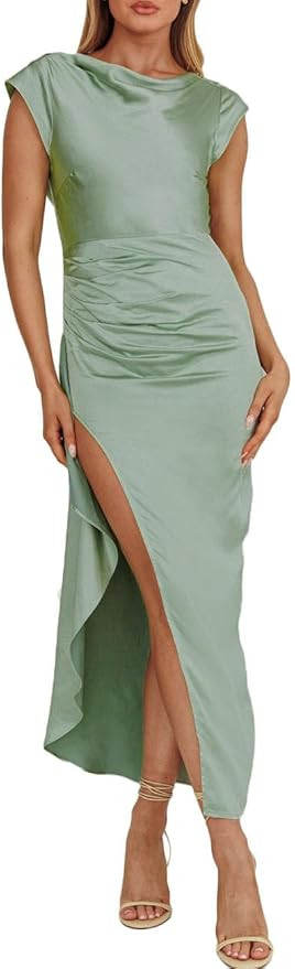 Summer Satin Cap Sleeve Cowl Back Maxi Dresses for Women Elegant Backless Ruffle High Split Tie B... | Amazon (US)