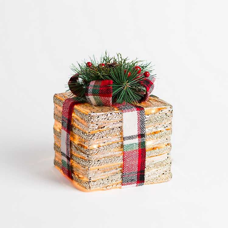 Pre-lit Gold Gift Box with Plaid Bow, 8 in. | Kirkland's Home