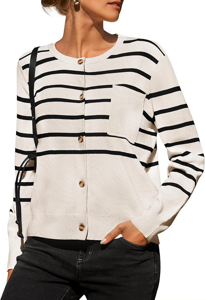 ZESICA Women's Striped Cardigan Sweaters 2024 Fall Long Sleeve Open Front Button Down Knit Outerw... | Amazon (US)