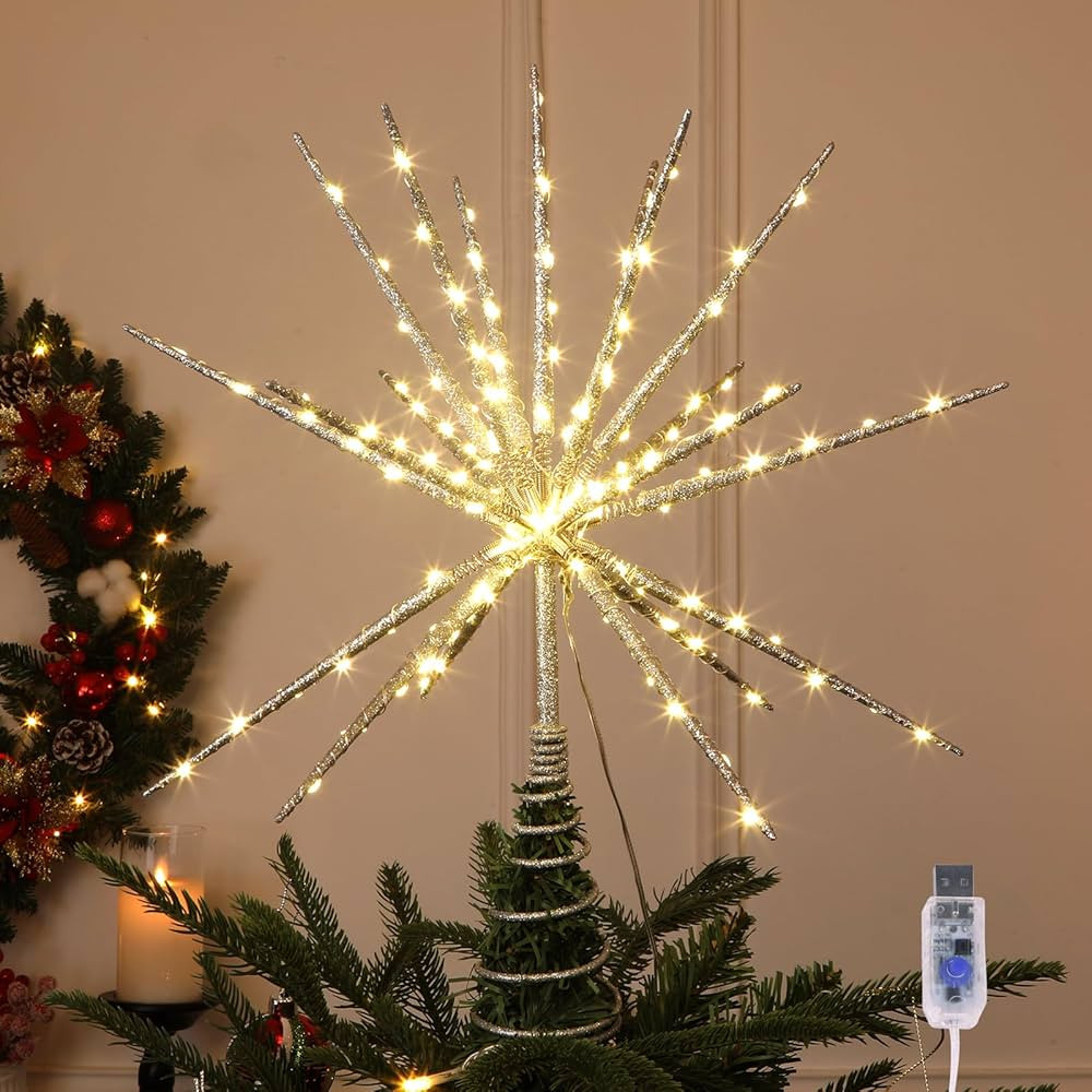 HMASYO 15 Inch Twinkling Starburst Christmas Tree Star Topper, 19-Point Silver Star Tree Topper w... | Amazon (US)