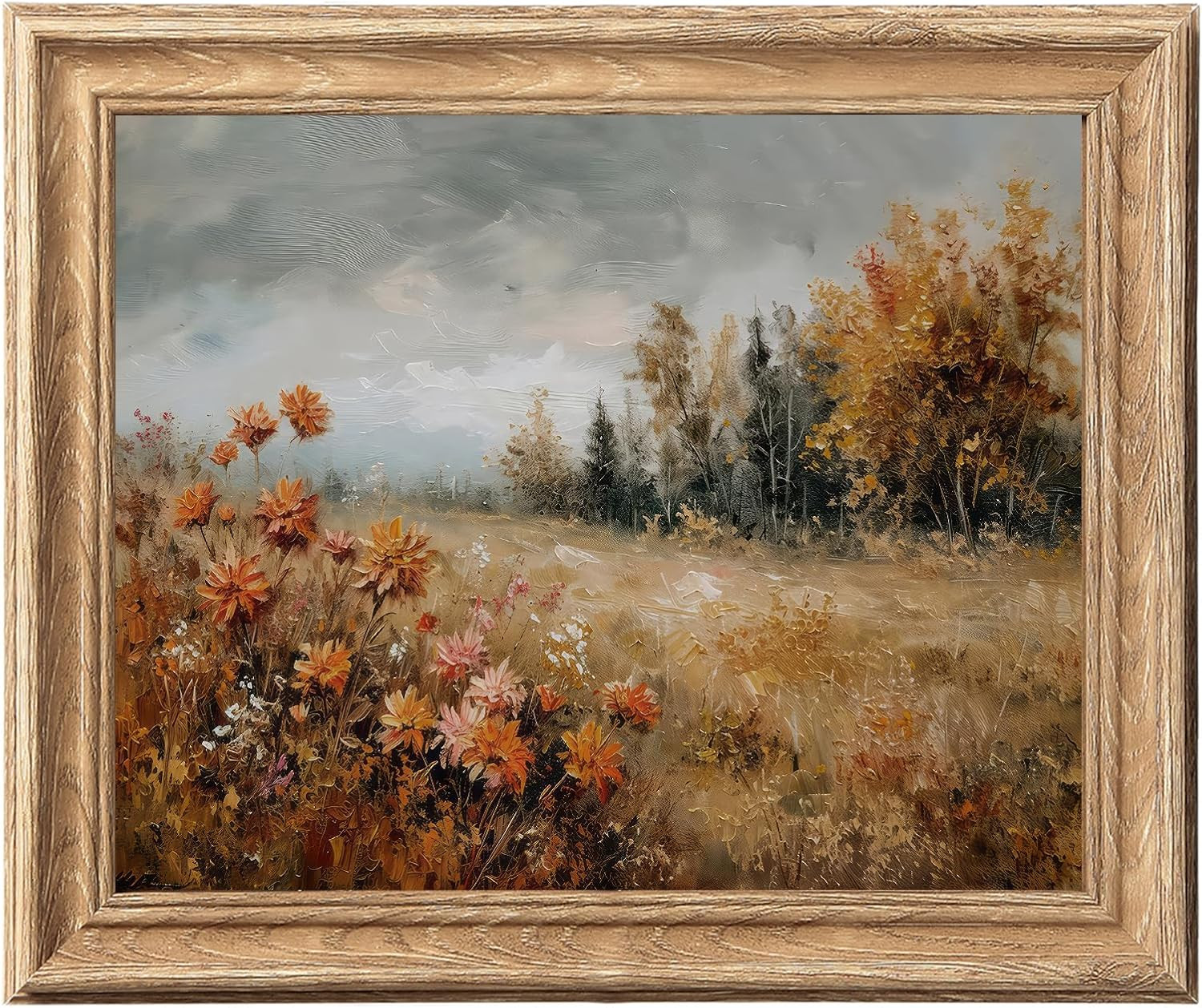 Framed Vintage Canvas Wall Art, Rustic Wildflower Meadow Landscape Painting 8x10, Autumn Countryside Nature Scene Prints, Farmhouse Rustic Wall Decor for Living Room, Bedroom, Bathroom | Amazon (US)