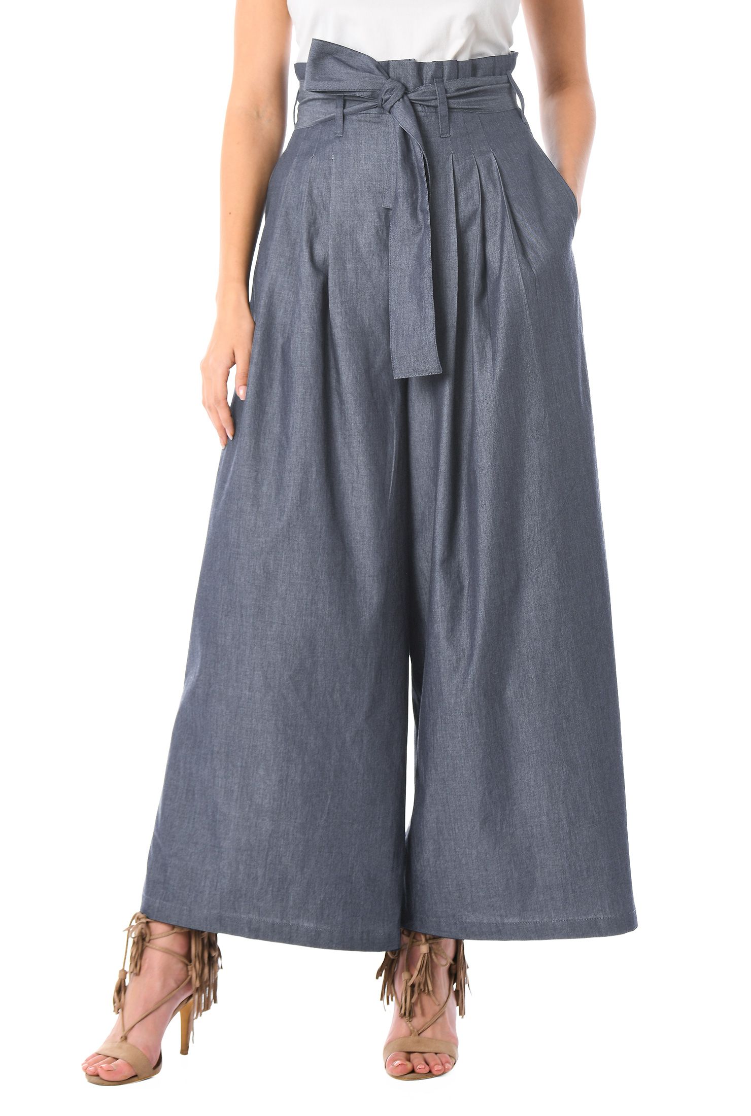 eShakti Women's Paperbag waist cotton chambray palazzo pants | eShakti