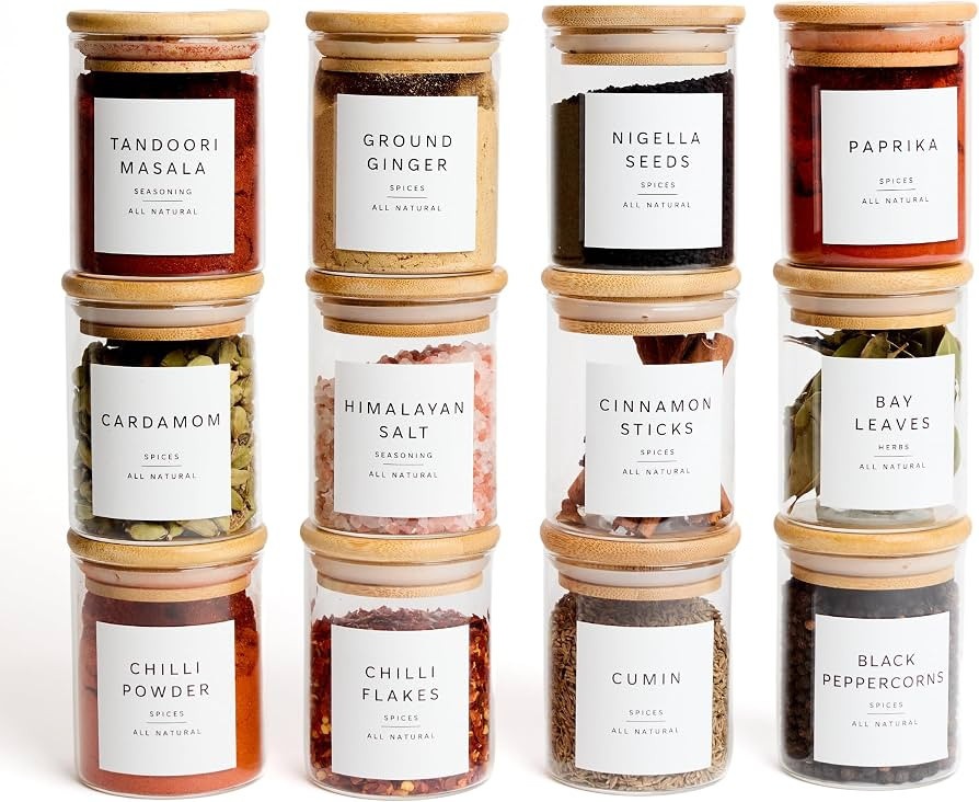 Livabl Glass Spice Jars with Labels-12 Pack- 6.8oz- 360 Labels- Spice Containers with Bamboo Lids... | Amazon (US)