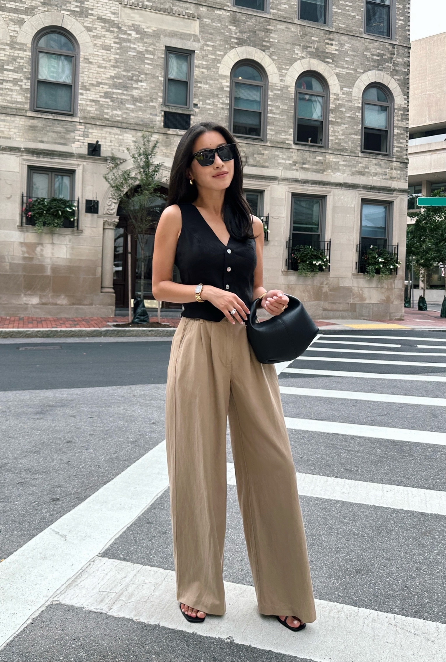 •on sale: Madewell black vest sz 00 - note I took the shoulders up myself so it’s more cropped, but it wasn’t a necessary alteration. 

I also linked a similar vest from NastyGal which I tried on and it fits me well in 0 petite! Check my LTK for a fit pic. It’s a more formal suiting like fabric, cropped in length and the 0P is fitted on me. 

•on sale: Madewell Harlow wide leg pant 00 petite - a more casual option with a chino pant feel and looser fit. 

Size 00 petite waist is big on me: waist measures 13” across the waist, with an 11” rise and a 27.5” inseam.

I also linked my favorite amazon trousers for a more lightweight drape pant option. The Amazon pants in Khaki Thin are the same color and the Xs short fits smaller at the waist than the Madewell, with elastic. The Thin fabrics drape better than their thick. 

•Amazon sunglasses 
•Anne Klein watch (resized)
•Polene bag (not linkable)

#petite smart fall casual trouser pant outfit 

#LTKSeasonal #LTKfindsunder100 #LTKstyletip