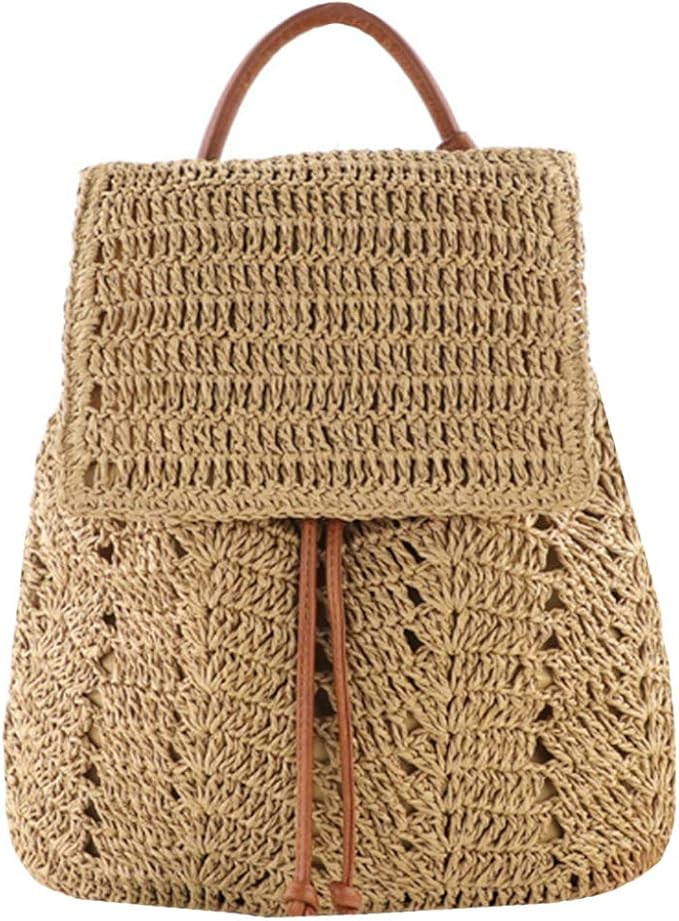 Monique Women Straw Handmade Crochet Backpack Flap Drawstring Shoulders Bag Casual Beach Daypack | Amazon (US)