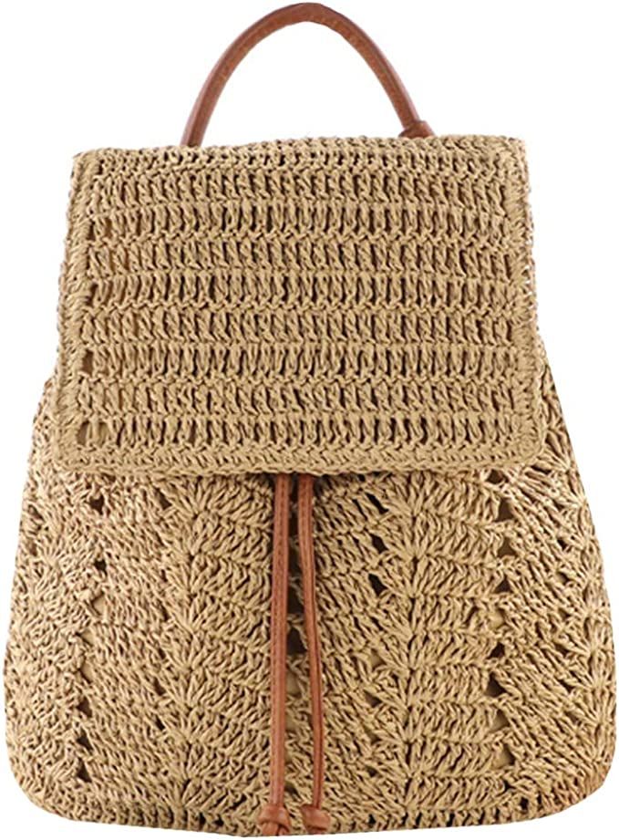 Monique Women Straw Handmade Crochet Backpack Flap Drawstring Shoulders Bag Casual Beach Daypack | Amazon (US)