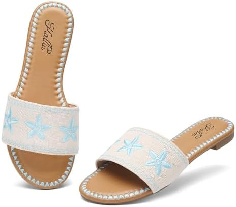 katliu Women's Flat Sandals, Boho Embroidery Floral Sandals, Vacation Slide Sandals | Amazon (US)
