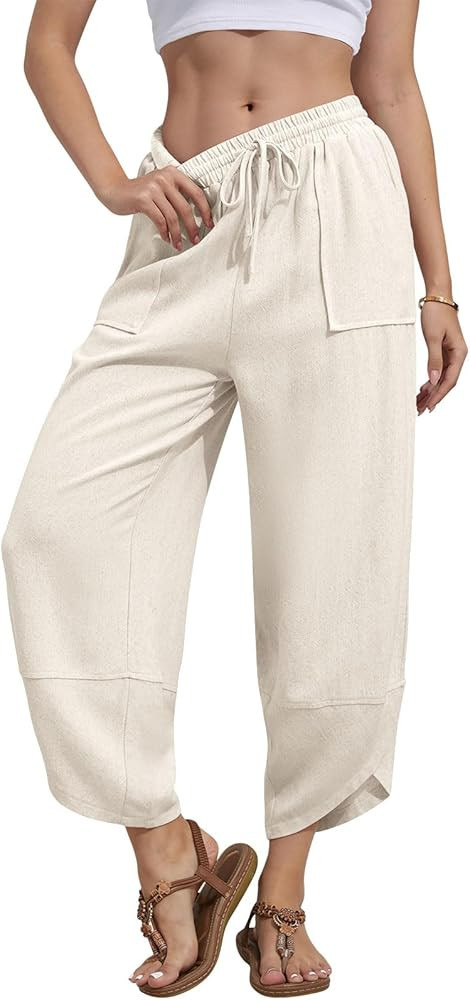 Womens Barrel Harem Linen Pants Wide Leg Pants Baggy Sweatpants Palazzo Drawstring Elastic Waist ... | Amazon (US)