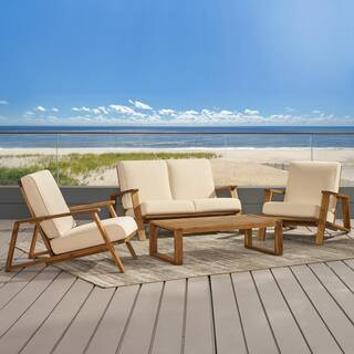 Noble House Paloma Teak Brown 4-Piece Wood Patio Conversation Seating Set with Beige Cushions 822... | The Home Depot