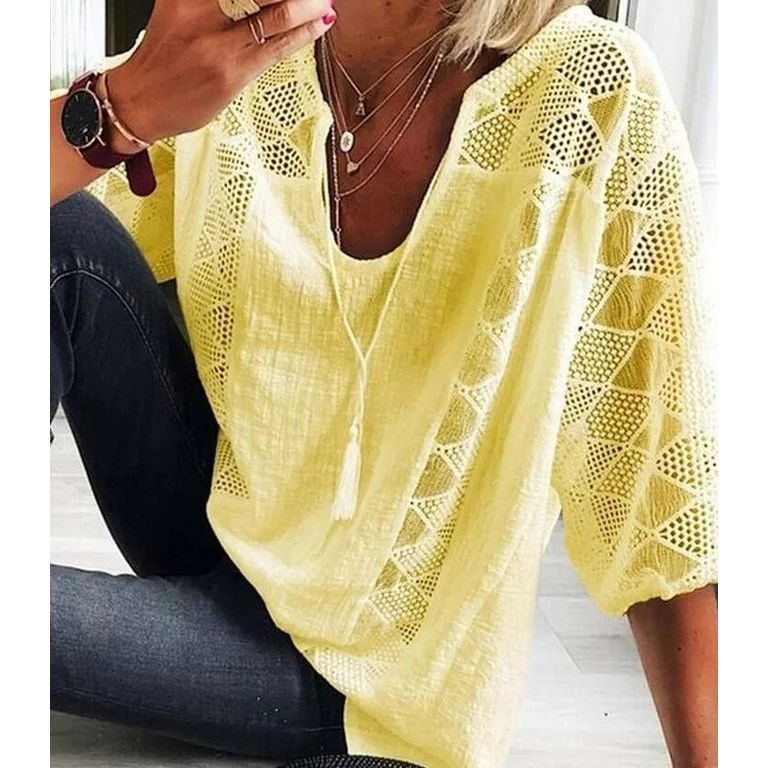 Women Blouses Summer Cotton Blouse Solid Color Leisure Hollow U-Neck 3/4 Sleeve Lace Women Shirt | Walmart (US)