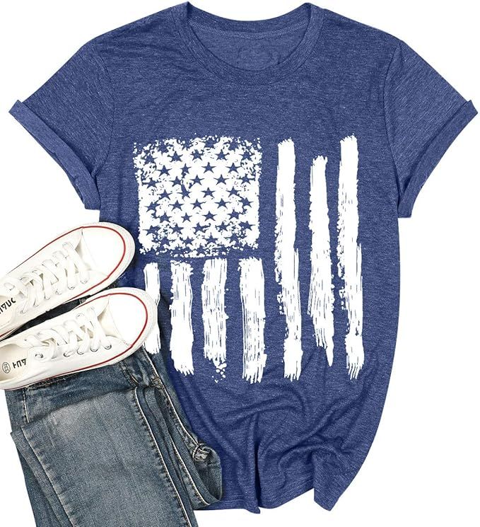 American Flag Shirt Patriotic Stars Stripes T Shirt Top Women Short Sleeve Casual Graphic Print T... | Amazon (US)