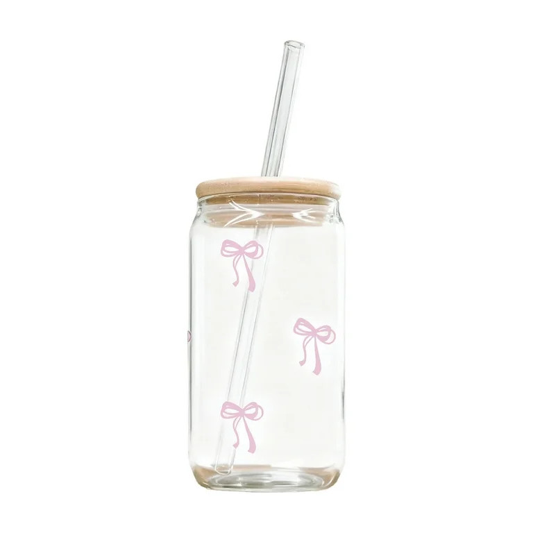 16OZ Cute Pink Bow Glass Cups with Lids and Straws, Aesthetic Iced Coffee Cup, Girly Preppy Desig... | Walmart (US)