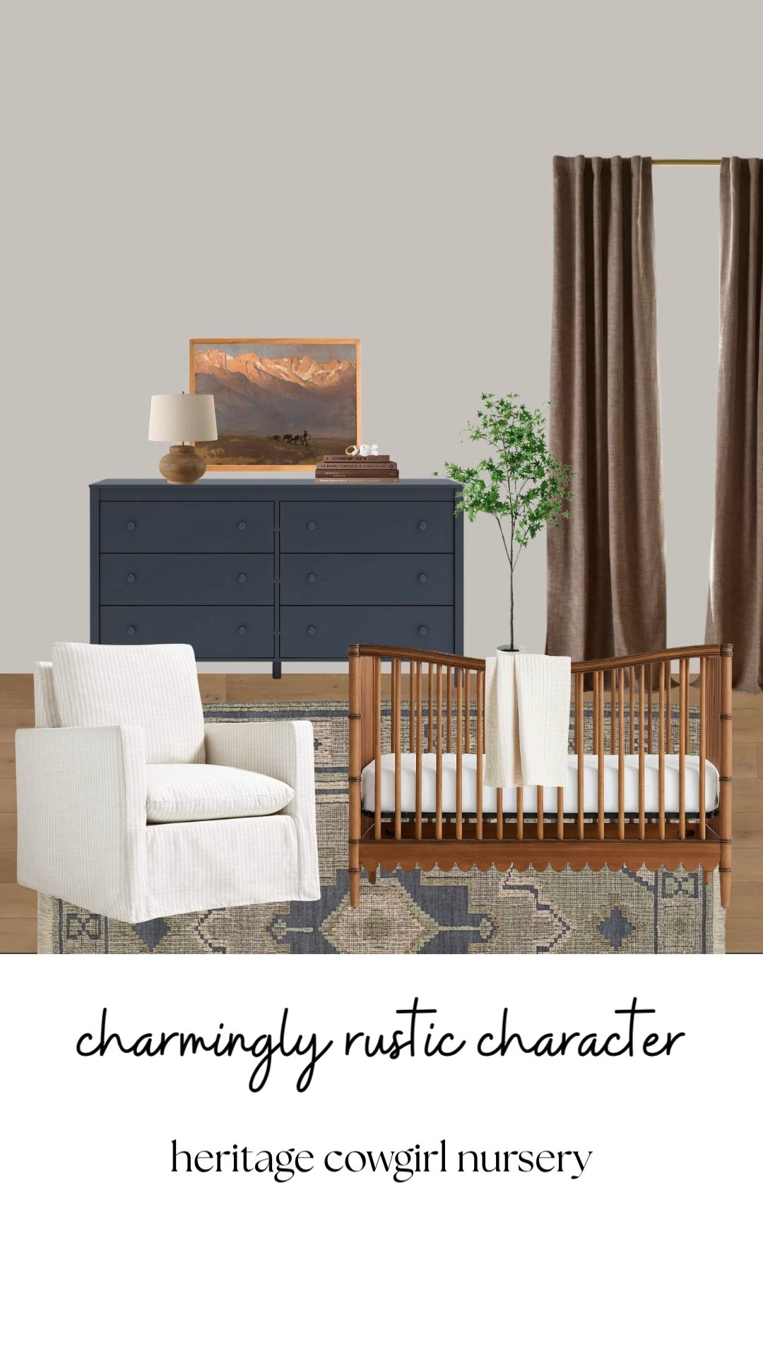Heritage cottage nursery inspiration featuring a warm oak crib, navy blue nursery dresser, neutral nursery glider chair, vintage inspired nursery rug, layered warm wood tones, cozy cottage textures, and timeless traditional nursery decor. This gender neutral nursery design blends collected cottage style, heirloom inspired interiors, soft earthy nursery colors, warm neutral decor, and classic family home styling for a baby room that feels calm, elevated, and intentionally designed. Perfect for anyone searching cozy nursery ideas, cottage nursery inspiration, traditional nursery design, warm wood nursery furniture, neutral baby room decor, collected home interiors, vintage inspired nursery styling, and timeless nursery aesthetics. 

 #LTKHome #LTKBaby #LTKKids