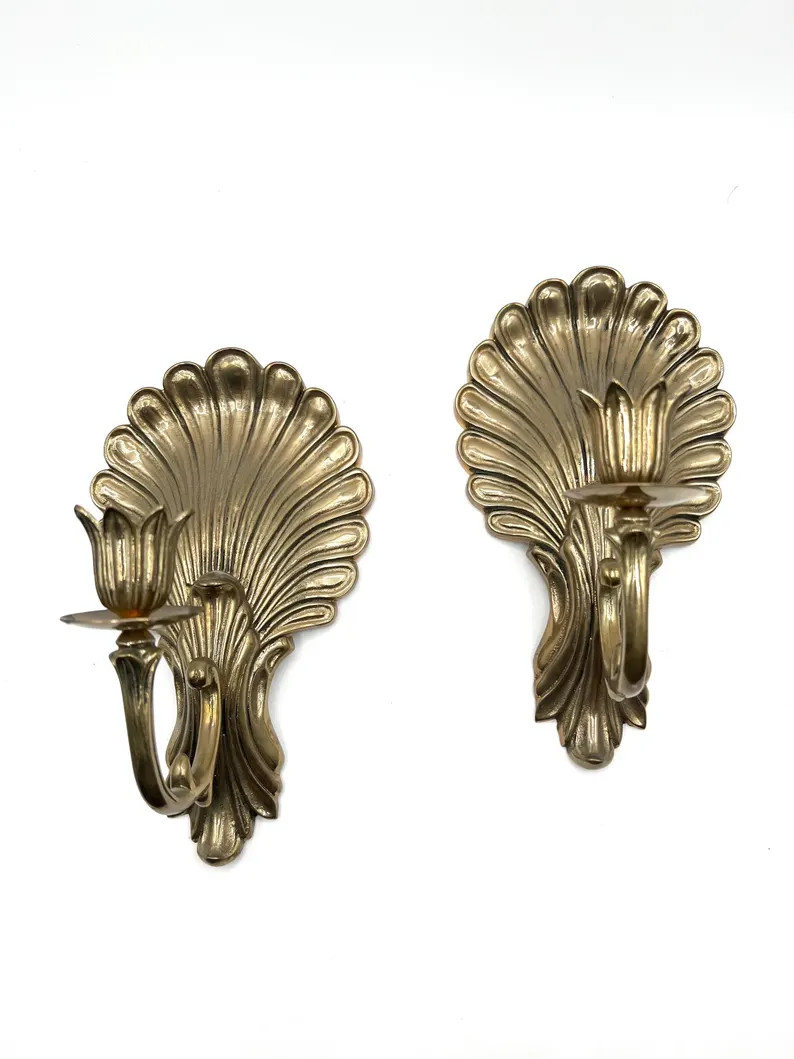 Brass Pair Shell Candle Sconces Hollywood Regency MCM - Etsy | Etsy (US)