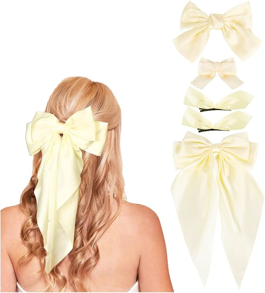 Cream White Hair Bow - 5PCS Hair Bows for Women Oversized Bride Bridemaid Hair Bows Long Tail Rib... | Amazon (US)