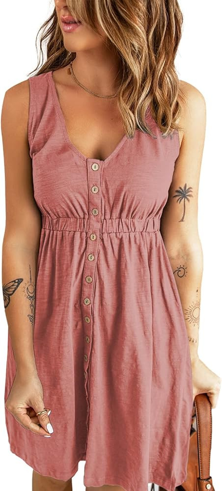 BLENCOT Women's Casual Sleeveless T-Shirt Dresses Summer V Neck Button Down Swing Short Dress | Amazon (CA)
