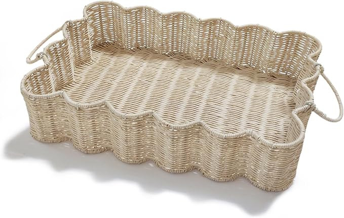 Scalloped Edge Rattan Tray Basket,17"*12"*4" Super Hard Rectangle Hand Woven Wicker Serving Tray ... | Amazon (US)
