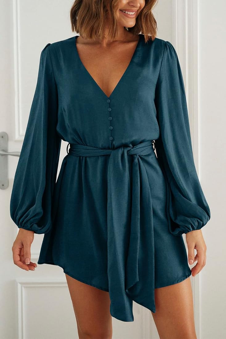 PRETTYGARDEN Women's Fall Long Puff Sleeve Satin Dress V Neck Cocktail Party Belted Short Flowy Dres | Amazon (US)
