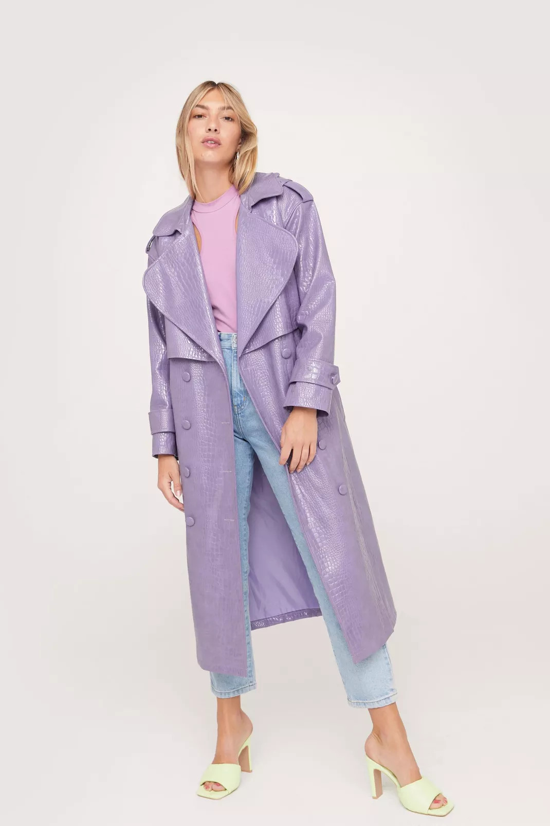Faux Leather Croc Embossed Belted Trench Coat | Nasty Gal (US)