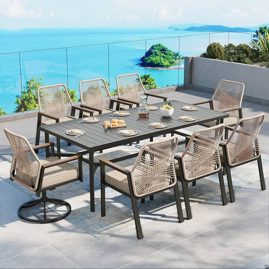 Patio Dining Set 9 Piece, 6 Woven Rattan Fixed Chairs and 2 Swivel Chairs with Waterproof Cushion... | Amazon (US)