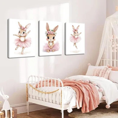Baby Girl Nursery Wall Decor, Easter Nursery Canvas Wall Art Paintings Set Of 3, Cute Animal Pink Bunny Posters Prints Pictures For Boys And Girls Roo | Wayfair North America